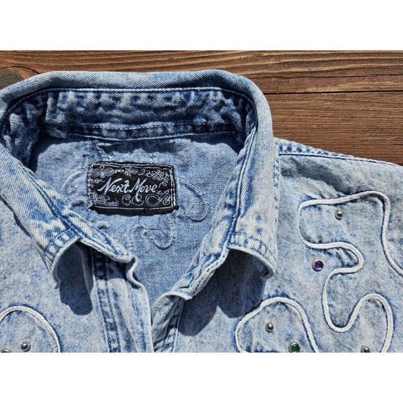 Vintage Next Move Denim Fringe Embellished Beaded Cowgirl Rodeo Shirt Womens - Picture 4 of 8